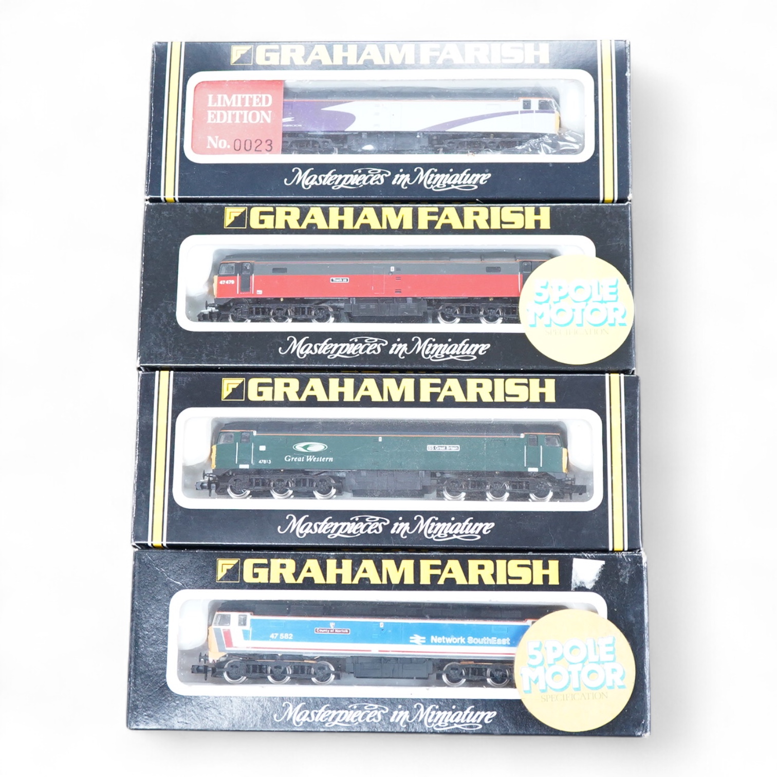Four boxed Graham Farish N gauge railway Class 47 diesel locomotives; a Porterbrook, 47 817 (LE801A), a Network SouthEast, 47 582 (8018), a Great Western, SS Great Britain 47813, (8002) and a Parcels, Track 29 47479 (802